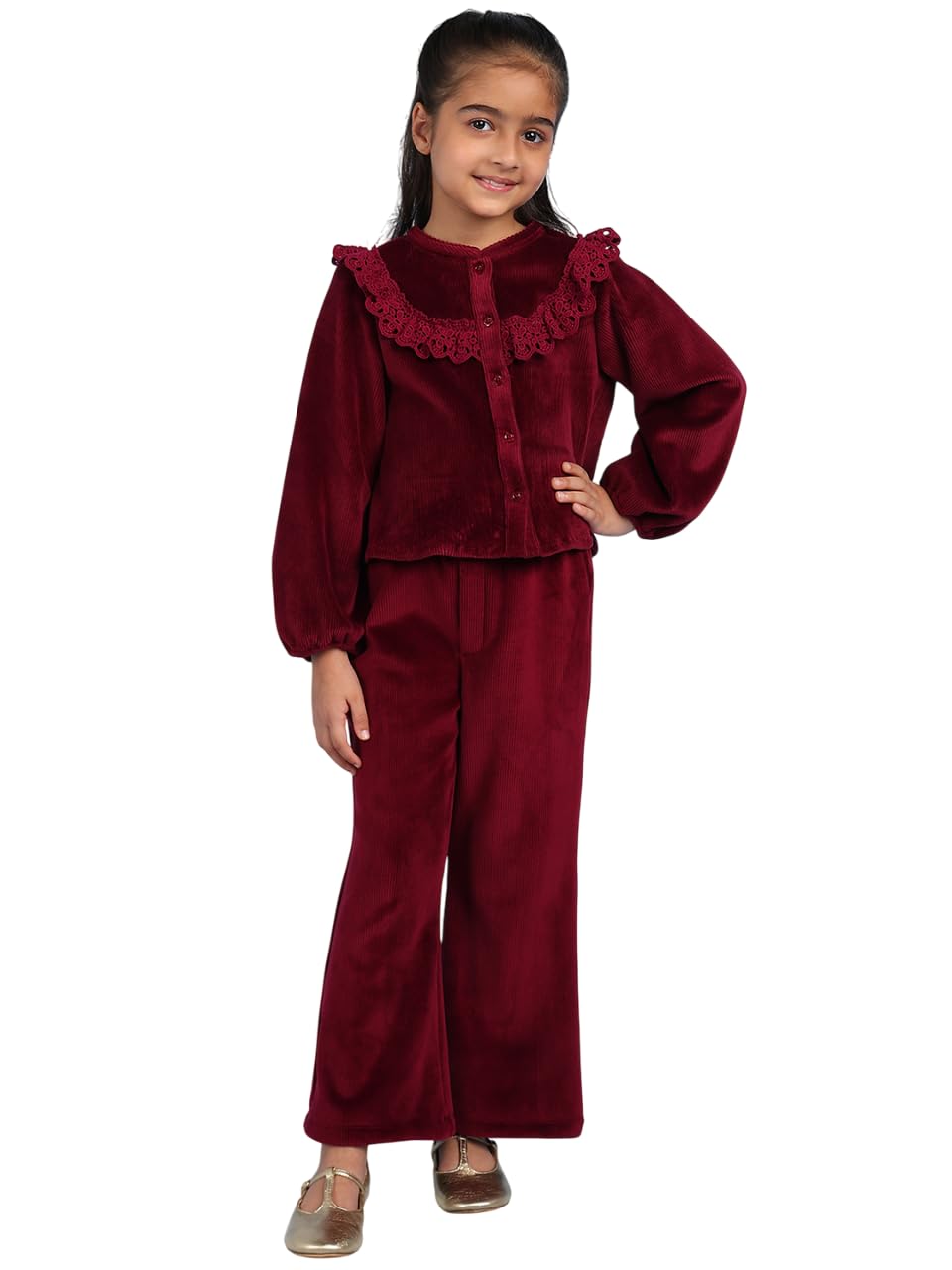 Isla Solid Corduroy Round Neck Girls Top-image-1