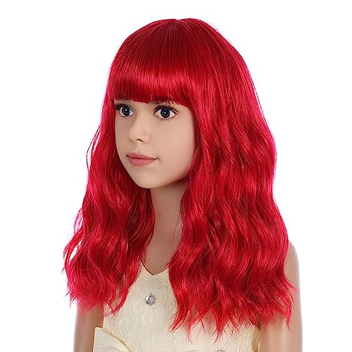 Image of PATTNIUM Kids Red Wig Short Wavy Red Wig with Bangs Red Wigs for Girls Heat Resistant Synthetic Hair Children Wigs (Red)
