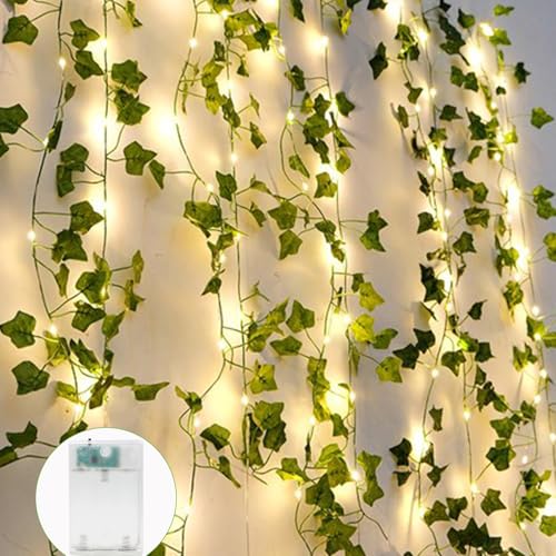 A.bigwhale Lichterkette Efeu Künstlich, Efeugirlande Lichterkette Innen 6m, Grüne Blatt Efeuranke mit 60 LED Licht, Lichterketten Batterie, Pflanzen Dekoration für Hochzeit Party