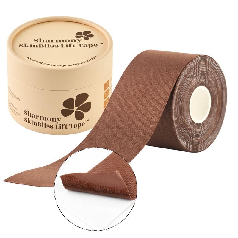 sharmony Breast Lift Tape for Sensitive Skin – Silky Satin Fabric, Strong Hold with Clean Release | Water-Proof, Seamless Support for Backless & Deep V | Mocha