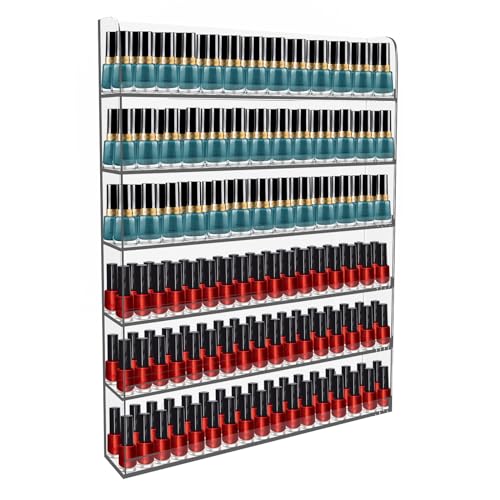 Nalwort Acrylic Nail Polish Rack 6 Tier, Clear Nail Polish Display Racks Wall Mount, Hold Up to 180 Bottles, Nail Polish Storage Organizer with 50PCS Nail Swatch Sticks