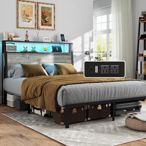 Image of Queen Size Bed Frame with Headboard, Metal Platform Bed Frame with LED Lights & Charging Station, Under Bed Storage, Solid and Stable, No Box Spring Needed, Noise Free, Easy Assembly, Rustic Grey
