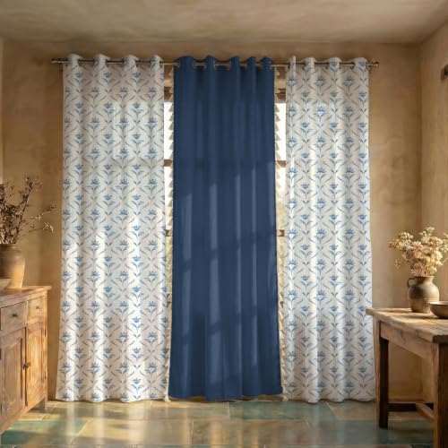Image of Urban Space Floral 100% Cotton Curtains For Window, Combo Set Of 3 Curtains 5 Feet Long, 60-65% Room Darkening Curtain, Tieback & Eyelets Included With Curtains For Home Decor (Water Lily, 5 Feet)