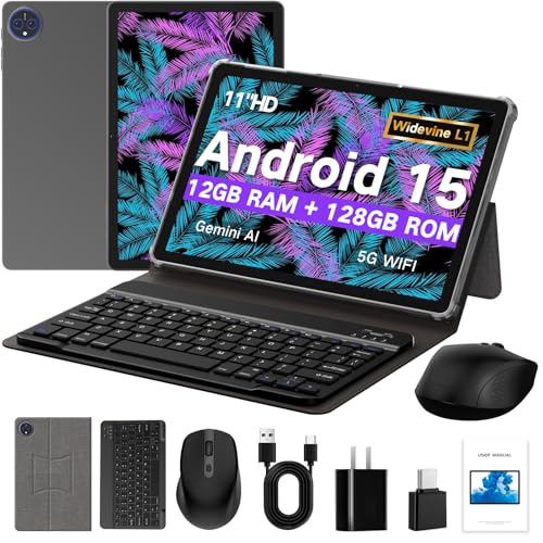 JUNYANG Tablet, 11 Inch Android 15 Tablets with Keyboard/Case/Mouse, 12GB+128GB+2TB Expandable, Octa-Core AI Tablets with WiFi 6, 8000mAh Battery, HD Large Touchscreen, 2in1 Tablet for Gaming