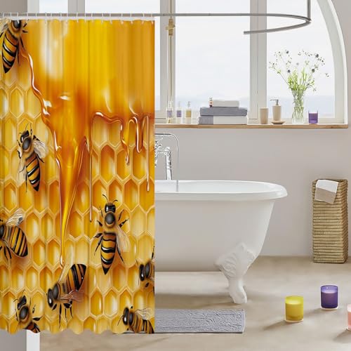 Image of Feelyou Honeycomb Bathroom Shower Curtain Set Cute Bees Shower Curtain Beehive Hexagon Bath Curtain for Stalls Bathtubs Geometrics Microfiber Waterproof Bathroom Curtains Room Decor 72x72 Inch