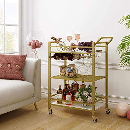 Tajsoon 3-Tier Bar Cart, Mobile Bar Serving Cart, Industrial Style Wine Cart For Kitchen, Beverage Cart With Wine Rack And Glass Holder, Rolling Drink Trolley For Living Room, Gold & White #TOP2