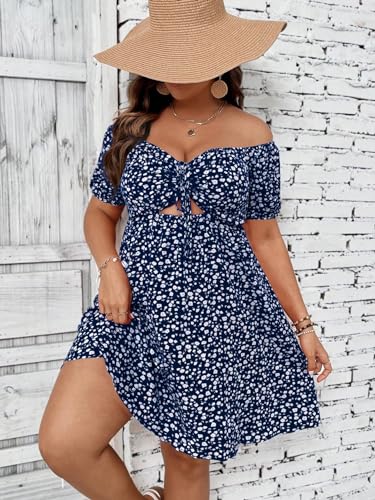 Image of SOLY HUX Women's Plus Size Summer Dresses Off Shoulder Floral Print Short Sleeve Cut Out Tie Front A Line Short Dresses Blue Floral 2XL