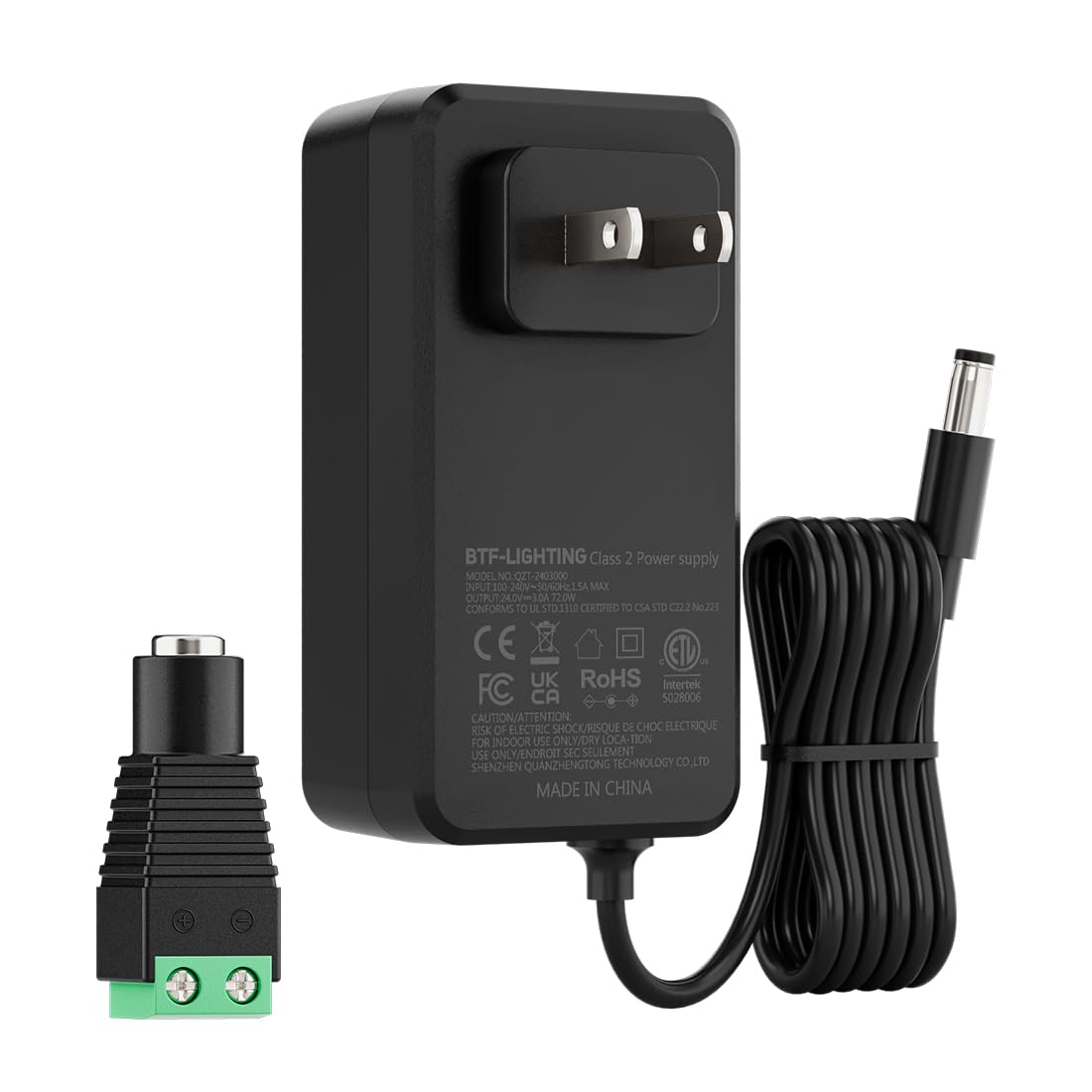 BTF-LIGHTING 24V 3A 72W Power Supply Adapter ETL Listed 100-240V AC AC to 24V DC Converter Class 2 Power Supply, 5.5x2.1mm Jack for for Low Voltage