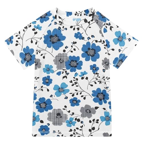 ALAZA Boys Swim Shirts Toddler Rash Guard Short Sleeve Rashguard Blue Flower Print UPF 50+ 11-12T