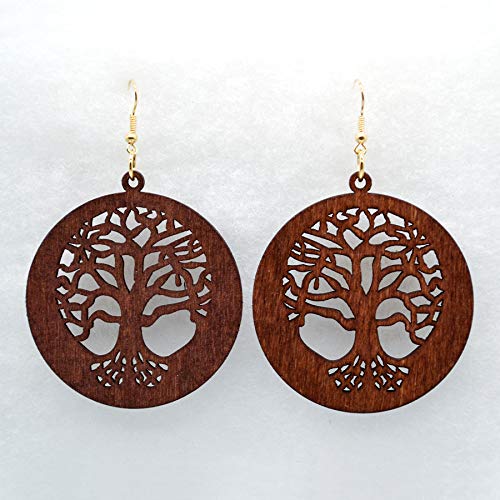 2 Pairs Bohemian Lightweight Wooden Tree of Life Dangle Earrings Handmade Teardrop Round Wood Earrings for Women2
