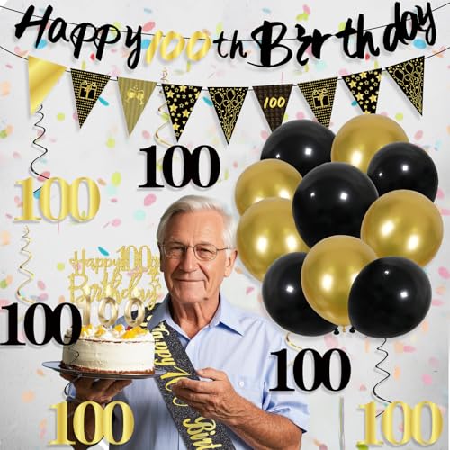 Image of 100th Birthday Decorations for Men, Black Gold 100th Party Decoration Kits | 27pcs Happy 100th Birthday Set, Banner, Honeycomb, Balloons, Gold Number, Candle, Hanging Swirls, Cake Topper, Party Supplies