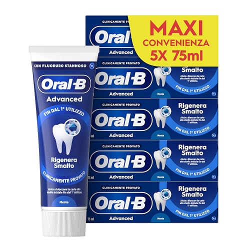 Oral-b Dentifricio Advanced Rigenera Smalto, Sapore Menta Piperita e Eucalipto, 5 Dentifrici, Pulizia Denti Efficaci, Confezione 5x75ml Maxi Convenienza