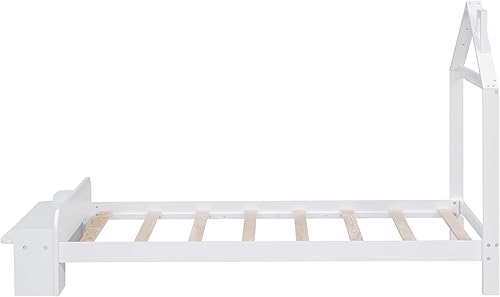 Miniatura 23 de Cama de plataforma de madera de tamaño individual con cabecero y cercas en forma de casa, sin rejas, cama de piso para dormitorio de niños