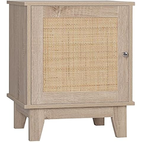 Mesita de Noche HOMCOM con Puerta de Ratán y Estante Ajustable Cover
