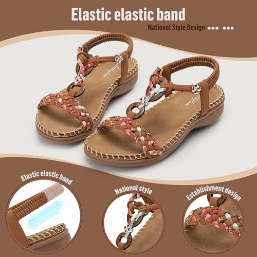 Image of Littleplum Women Sandals Arch Support Handmade Bohemian Braided Flat Sandals Comfort Walking Beach Ankle Elastic Summer Shoes