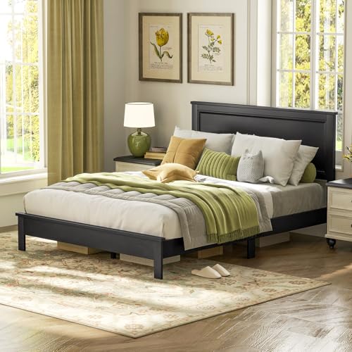 Image of GIANTEX Wood Queen Platform Bed Frame with Headboard, Mid Century Bed Frame with Solid Wood Legs & Wooden Slat Support, Easy Assembly Supports 500 LBS, Black Bed