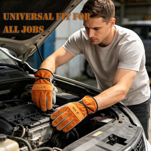 Image of WZQH Leather Work Gloves for Women or Men. Medium Glove for Gardening, Tig /Mig Welding, Construction, Chainsaw, Farm, Ranch, etc. Cowhide, Soft Lining, Utility, Firm Grip, Durable. Orange-Grey M