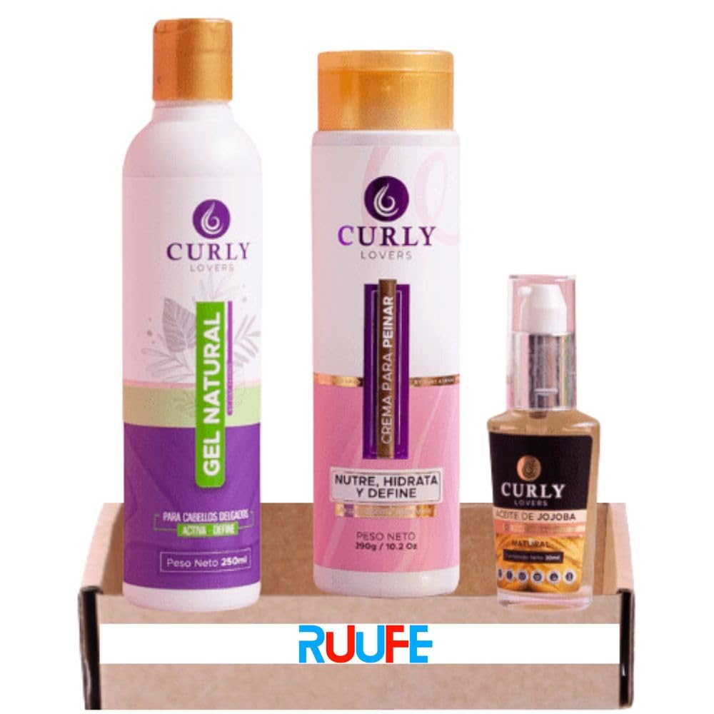 Curly Lovers (3 Pack) Curly Lovers Crema Para Peinar Curly Lovers Gel Natural Curly Lovers Aceite de Jojoba Curly Lover hair Products Afro, Kit Melena Definida (Delgado)