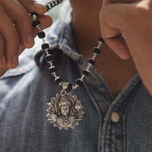 Image of Japam Silver Karungali Necklace with Murugan Vetri Vel Pendant | Black Wood Spiritual Mala for Men | Puja & Meditation | Certificate of Authenticity