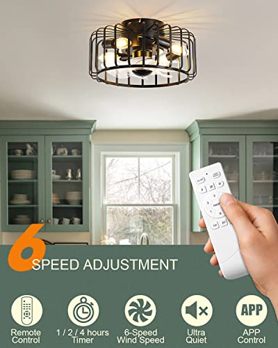 13'' Low Profile Small Flush Mount Farmhouse Industrial Caged Ceiling Fan With Lights, 6 Speed Bladeless Black Ceiling Fan With Remote Control For Living Room, Bedroom, Kitchen (Black) #TOP2