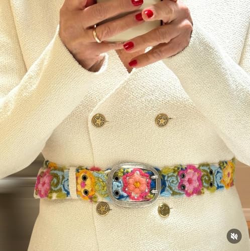 Peruvian Embroidered Belt for Women - Flower Belt, Eternal Bloom/Cream Background3