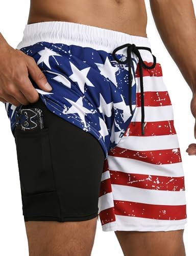 Buauty 2 in 1 Mens Swim Trunks with Compression Liner 5" Quick Dry Board Shorts Anti-Chafe Bathing Suit with Zipper Pockets