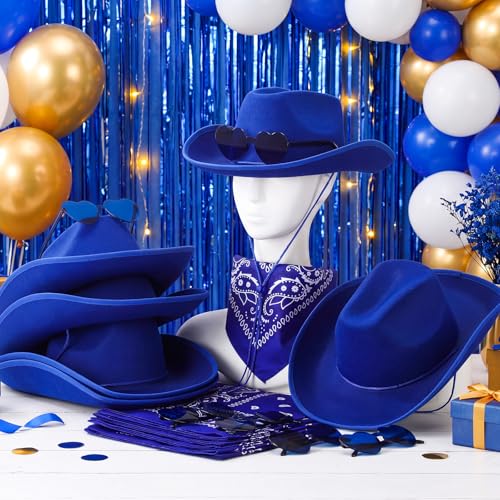 Image of Coume 6 Sets Cowboy Hat with Heart Sunglasses and Paisley Bandanas Western Cowgirl Hat for Cosplay Costume Adults(Royal Blue)