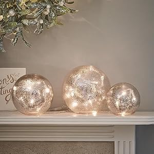 Lights4fun Set of 3 Fairy Lights Mercury Crackle Ball Effect Glass Balls Christmas Battery Operated Table Lamp Warm White LEDs Timer Remote Control Indoor Light Ball Christmas