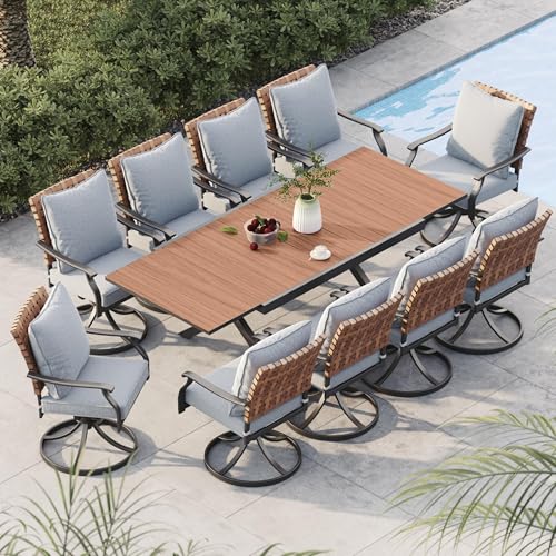 Image of Grand patio 11-Piece Outdoor Dining Set, 10 Leather-Look Wicker Swivel Patio Chairs & 1 Extendable Rectangular Dining Table, Brown