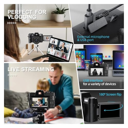 كاميرا رقمية بعدسة ماكرو بدقة 4K وشاشة قابلة للطي لالتقاط صور السيلفي بدقة 48 ميجابكسل وواي فاي ومسجل فيديو كلاسيكي وتقريب رقمي 16X
