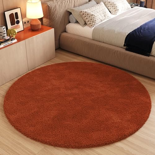 TAPISO Essence Rond Tapis Shaggy Poils Longs Moderne Rouge Brique Uni Tapis Salon Chambre Adulte Enfant Descente de Lit Moelleux Super Soft Epais Oeko-TEX 120...