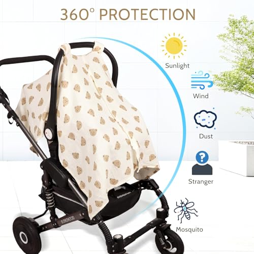 Image of Car Seat Cover Baby Girls Boys, Summer Cotton Baby Car Seat Cover for Carseat, Comfortable Muslin Nursing Cover, Soft Baby Blanket, Breathable Lightweight Infant Stroller Canopy, Cute Bear