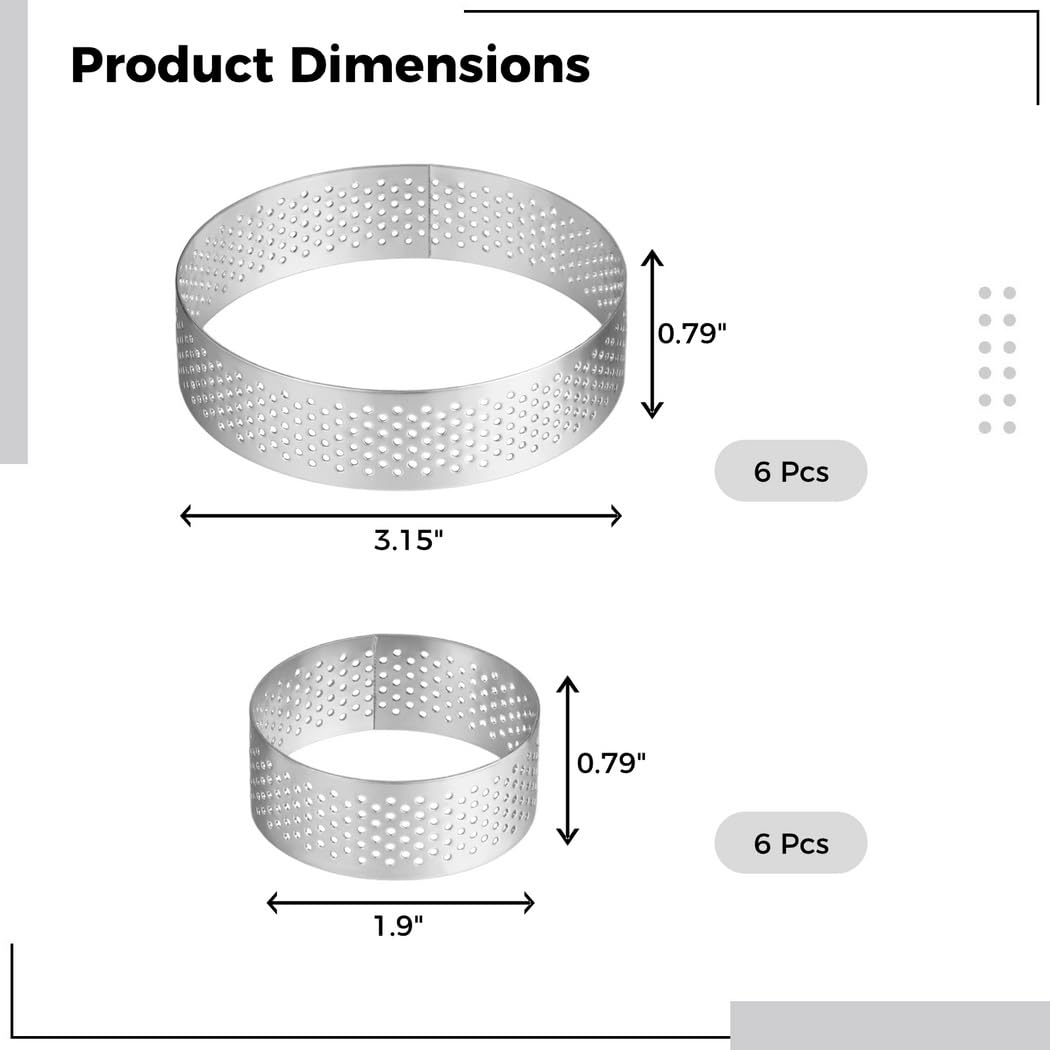Lot de 12 anneaux à tarte perforés en acier inoxydable de 1,97 et 3,15 mm