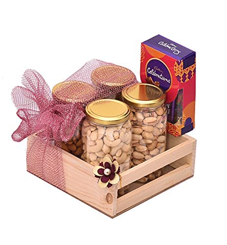 Image of NUTRI MIRACLE Rakhi Dry Fruit & Nut Gifts With Golden Floral Bhai Bhabhi Pair,Cashews,Almonds,Raisins,Pistachios And Celebrations Pack,450gm