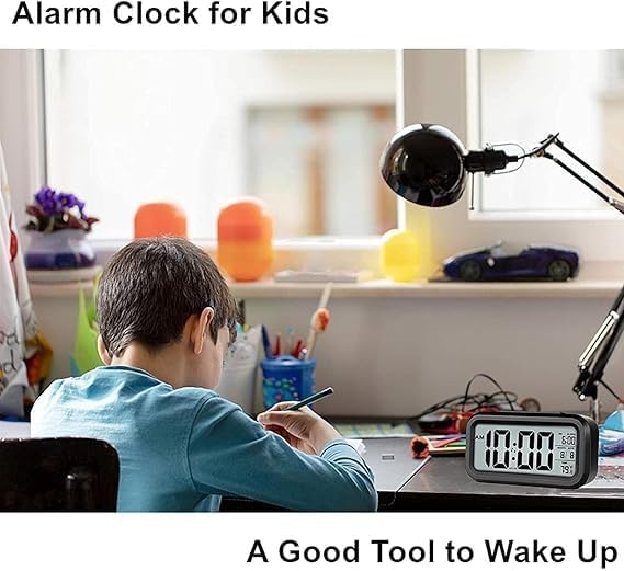 Image of DRUCILA Digital Alarm Clock, Alarm Clock for Bedroom with Smart Night Light, Indoor Temperature, Large LED Display, Battery Operated Desk Clock for Kids Birthday.(Black Alarm Clock)