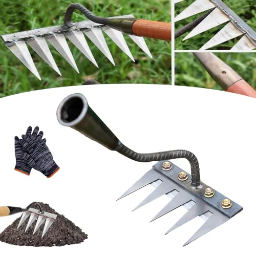 Rastrillo De Deshierbe, Rastrillo Jardin con Mango, Rastrillo Malas Hierbas, Rastrillo De Acero Al Carbono De 5/6/7/8 Dientes, Elimina Malezas, Grava y Hojas en 1 Pasada (5 Dientes)