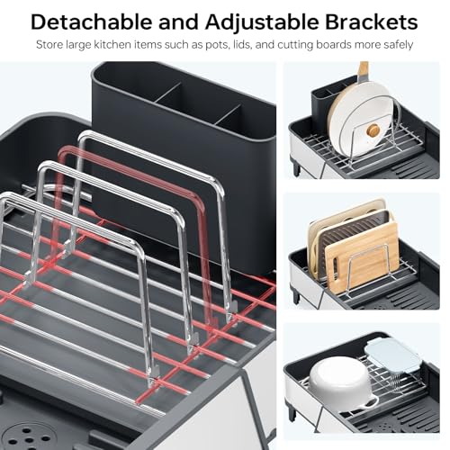 Image of Urackify Large Dish Drying Rack - Triple Expandable Dish Rack for Kitchen Counter, Stainless Steel Sink Organization and Storage Essentials with Utensil & Pans Holder for Home and Appartment, Gray