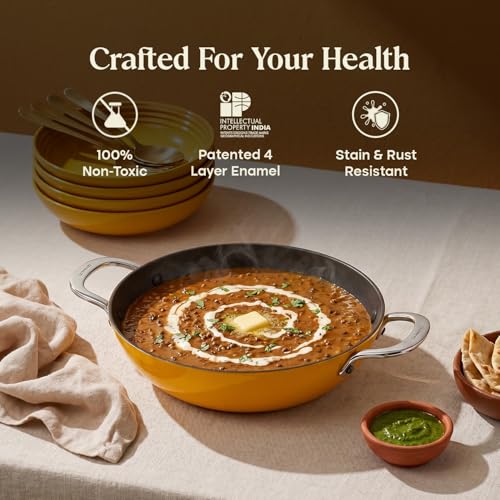 Image of CUMIN CO. Enamel Cast Iron Kadai LITE | 2L, 24 cm |5 Years Warranty | Non Toxic Heavy Bottom Kadhai for Frying | Induction & Gas Compatible | Chemical Free Coating | Mustard