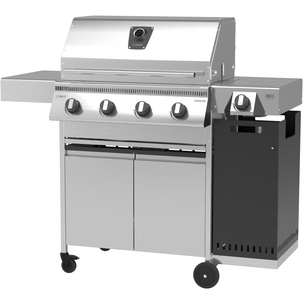 Schickling Gasgrill "Hermann XL - Deluxe" Edelstahlgrill Grillwagen mit Unterschrank, doppelwandigem Deckel, 4x 5kW Brenner, 800 Grad Seitenbrenner & 4-teiligen Grillrost - Made in Germany
