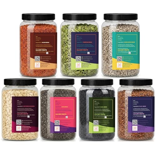 Image of LILA DRY FRUITS Super Seeds Combo Pack Chia Pumpkin Sunflower Flax Watermelon Basil Halim Seed 100 g x 7 for Daily Nutrition and Healthy Snacking Perfect for Gifting