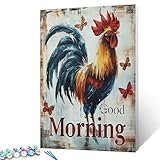 Mroning Sign Paint by Number for Adult, Rooster Funny Decoration Painting by Number Kits On Canvas, DIY Vintage Wood Grain Sign Paint by Numbers for Adults and Kids Beginner 16X20 Inch（without Frame）
