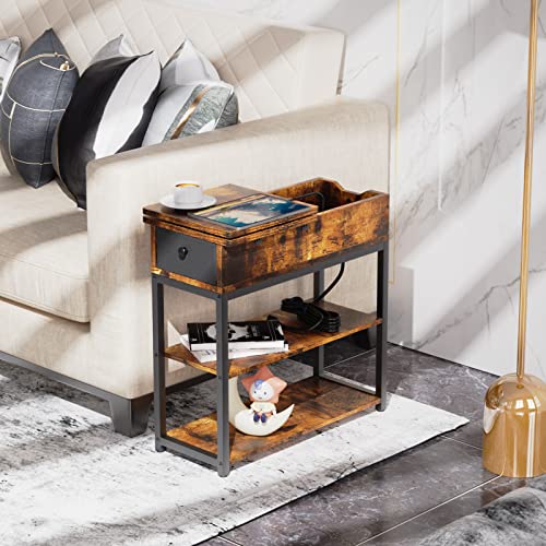 Lazeyard End Table With Charging Station, Bedside Table, Flip Top Side Table With Usb Ports Narrow Nightstand For Living Room/Bedroom, Brown #TOP1