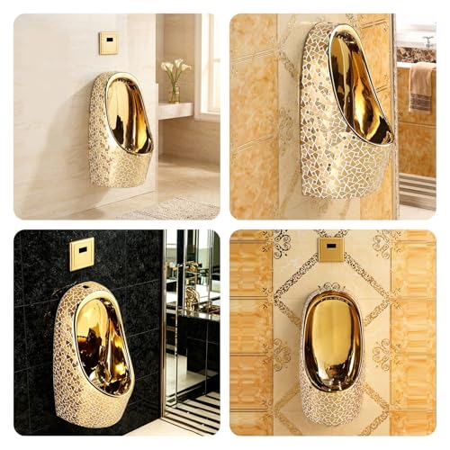 Urinal de pared dorado para hombres, urinal comercial y doméstico con descarga automática por sensor, acabado cerámico electrochapado, antiesplashes para baño, restaurante y hotel miniatura 7