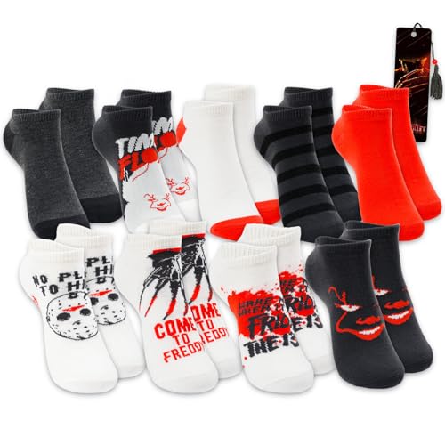 Horror Movie Socks Set - Bundle with 9 Pairs of No Show Socks Featuring Pennywise IT Jason Voorhees Friday the 13th Freddy Kruger Nightmare on Elm Street | Scary Movie Apparel for Men Women