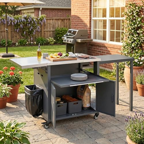 Image of Merax 73.8 inch Outdoor Kitchen Island with Dual Foldable Grill Table, Gray