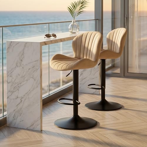 Image of HealSmart Bar Stools Set of 2, Adjustable Counter Height Swivel Stools, Modern Fabric Upholstered Bar Chairs with Backrest for Kitchen Island, Home Bar & Dining Area, Beige