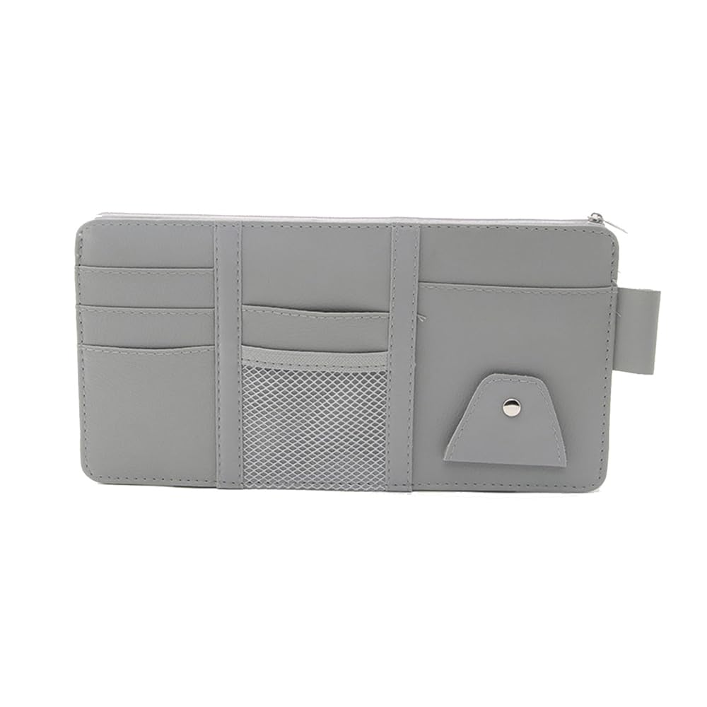 Car Sun Visor Organizer for Kia Soul (AM PS SK3 2009-2025 2026),Pu Leather Auto Sun Visor Storage Pouch With Card Slots,Mesh Pocket & Sunglasses Holder,Vehicle Interior Accessories,Grey