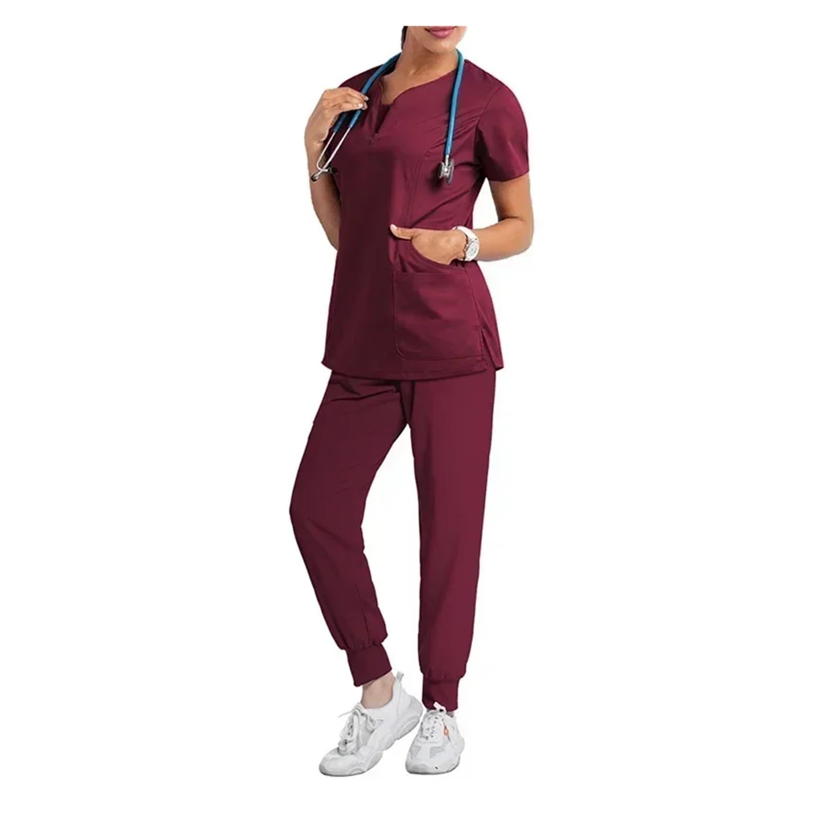 Uniforme Sanitario Mujer Ropa Top Farmacia Trabajo Hospital Doctor Enfermería Uniforme V-Cuello Jogger Enfermera Mujeres Casual Short(Burgundy Set,M(50-60KG))