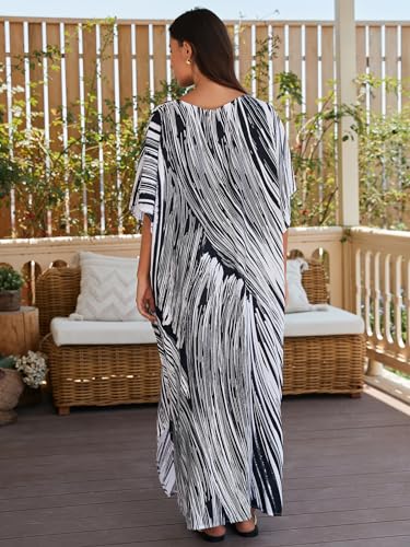 Image of IMAGEKOPE Women's Plus Size Loose Fit Moroccan Print V-Neck Batwing Kaftan Beach Dress Bathing Suit Cover Up