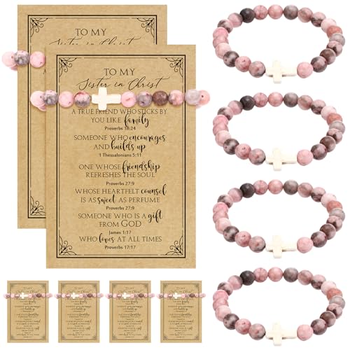 Quelay 6 Sets Sister in Christ Gift for Women Cross Bracelet with Card Inspirational Baptism Back to School Gift for Women(Pink)
